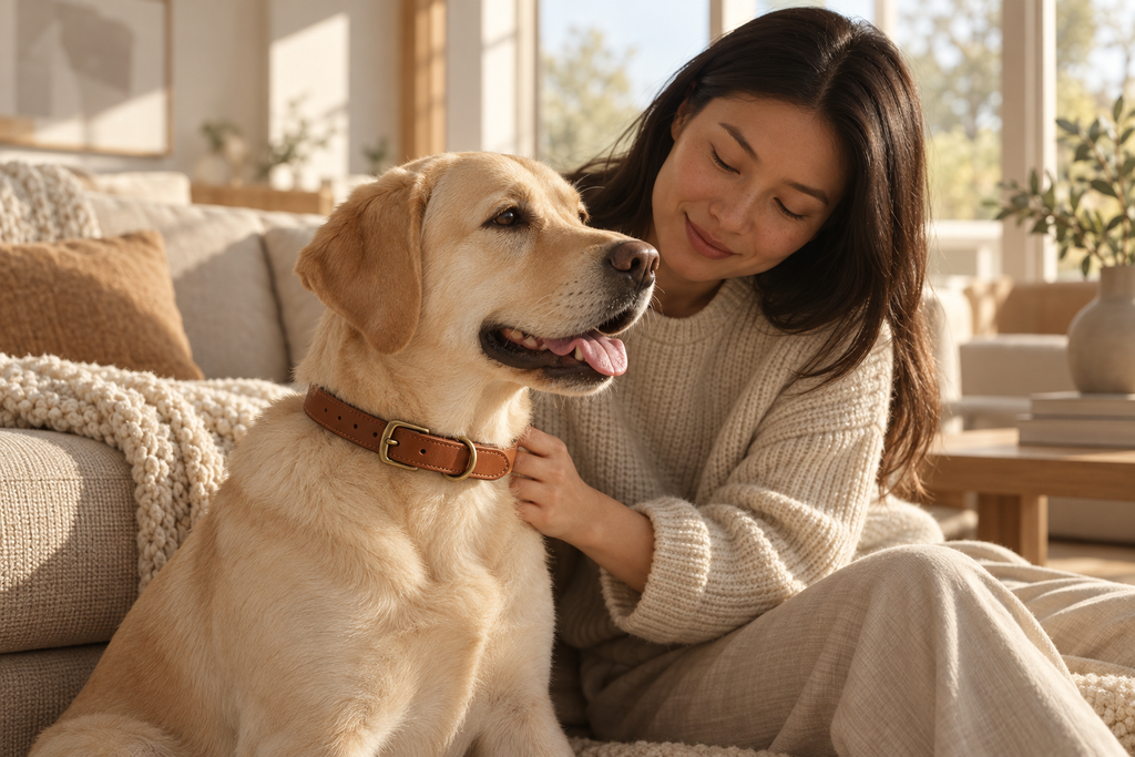 Hanson glaze collar original in a warm sunlit home with a dog and owner — AI-generated lifestyle image