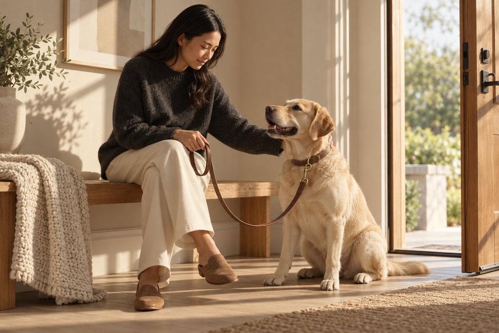 Hanson glaze leash original in a warm sunlit home with a dog and owner — AI-generated lifestyle image