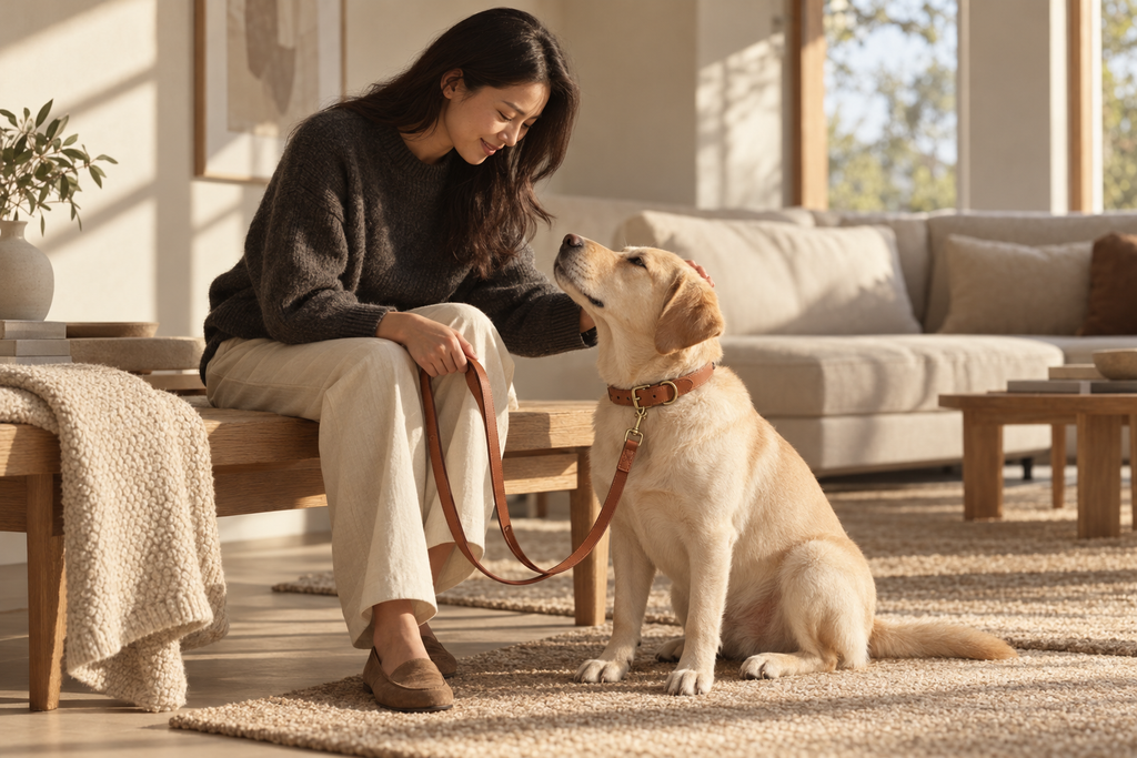 Hanson Glaze cognac smooth leather collar and matching leash on a Labrador with its owner at home — AI-generated lifestyle image