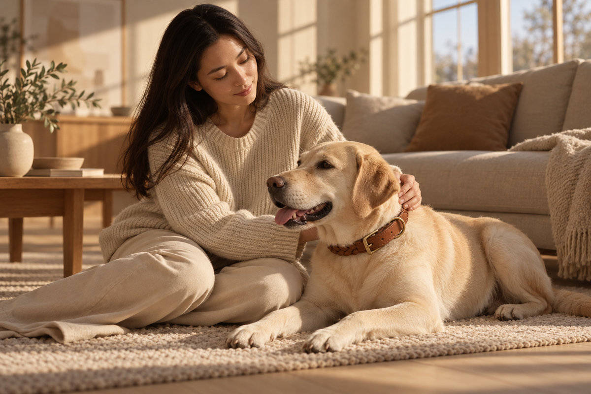 Hanson Tartan cognac braided leather collar worn by a Labrador beside its owner in a sunlit living room — AI-generated lifestyle image